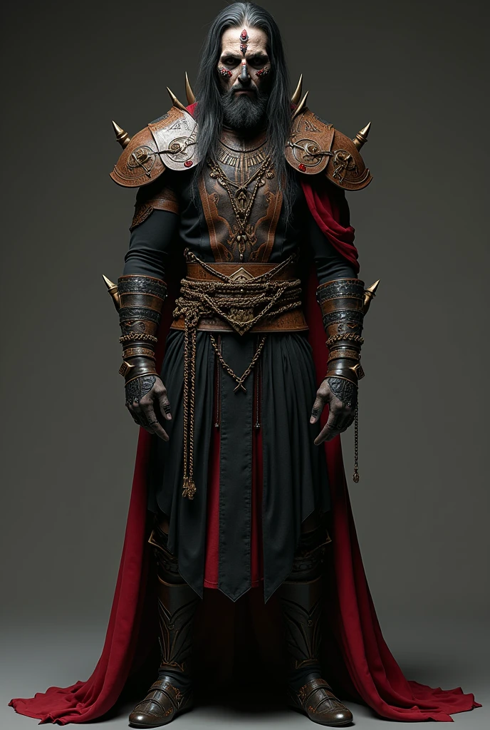  metal band costume inspired by the god baal with shoulder pads in dark brown, black, dark grey, dark red, chains, straps, symbols or accessories of baal worship, clothing or fabrics, leather, silk, thick fabrics, fabrics that give the impression of something ancient, earthly, pagan, anti-religious, transgressive, also inspired by avant garde, death metal, torn fabrics, discolored fabrics, shoulder pads, torn and distressed, Symbolism of Baal, Accessories, Masks or helmets, dark shades, red black grey dark brown, shoulder pads,Cloaks or Tunics, crowns, rustic leather inspired clothing for metal band