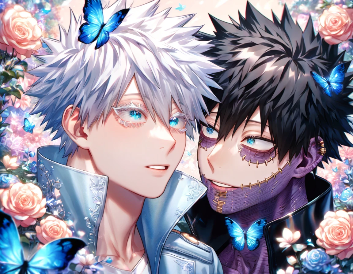 absurdres, highres, ultra detailed, HDR) master piece, best quality, extremely detailed, detailed eyes, detailed face, delicated features, Dabi, black hair, expressive turquoise eyes, Boku No Hero Academia, Gojou Satoru, white hair, expressive blue eyes, white eyelashes, two sexy men together, yaoi, gay couple, in love, handsome, black leather coat with high collar, light-blue coat with fur, fantasy, magical, glittering, water, blue flames, blue moon, blue flowers, blue butterflies, garden