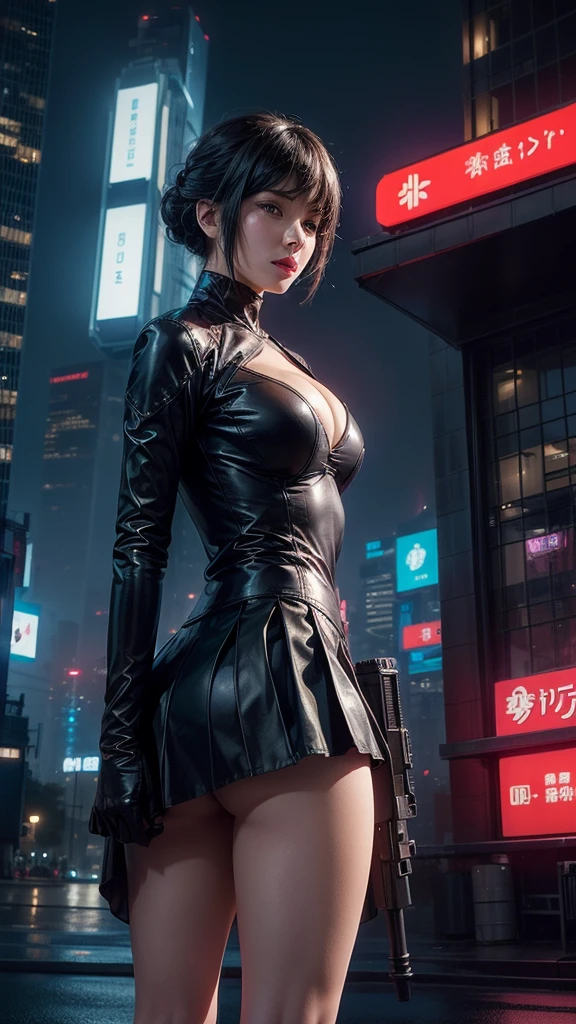 (Wide angle view). "ghost in the shell" film inspired futuristic Tokyo city, simple outlined neon tall buildings, (OLED holographic portrait on buildings), glowing giant clock tower, 1drone, lightning, 3D rendering Beeple. At night, (1girl, solo, alone), photorealistic, medium-breast slim:0.6 body, oval:0.5 face, cleavage:1.1, sexy costume with deep-v, low view pleated miniskirt, ((upskirt)), glove, (Matrix style black micro sunglasses), ((aiming viewer with a short gun)), (half-body thigh level close-up shot), cinematic lighting, ray tracing.