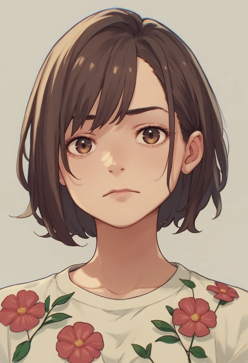 This image features a young woman looking directly at the camera. She has brown hair with bangs, wears dark-colored clothing, and has her arms crossed. Her mouth is slightly open, and she has an irritated expression. In the background, there is a floral display with a predominantly blue color scheme. The overall atmosphere is bright and clean.