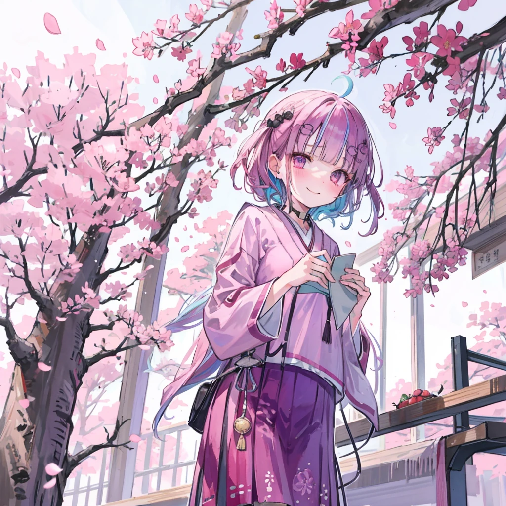 japanese school，commencement，Under the cherry blossom tree，Cherry blossoms fall，diploma，Smile，Tears from the corners of the eyes