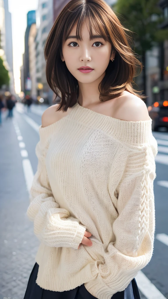 Ultra-high resolution, Superior Quality, Highest quality, Very detailed, Realistic, 8k, RAW Photos, Highest quality, masterpiece, Attractive girl, Awesome girl, Brown Hair, Shoulder-length layers, Asymmetrical bangs, K-POPアイドル, Sophisticated, stylish, White knit, Shibuya Ward,Yui Arakaki's face
