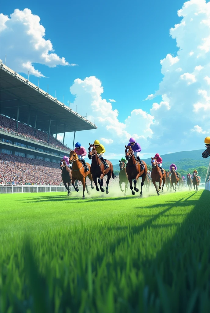 Tokyo Racecourse,Sunny,blue sky,12 horses in the race,The goal scene,Turf,A lot of people are watching,A lot of people,Image from the auditorium,Close-up,(Highest quality,High resolution,Masterpiece,8K),