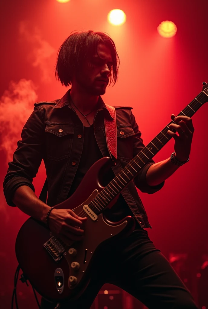 Short Bob Hair、guitarist、male、live house、smoke、Red lighting、