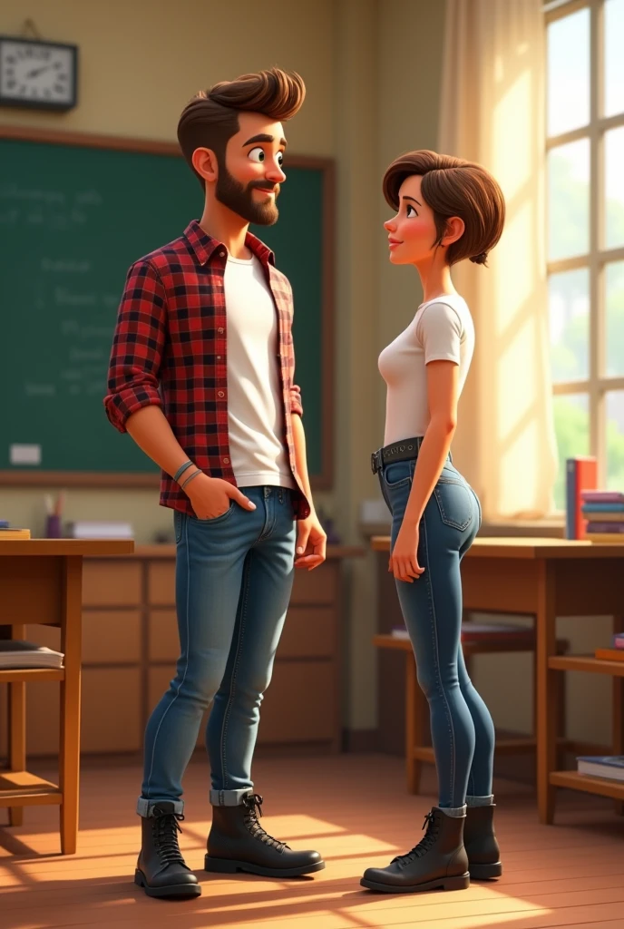 Disney Pixar style cover of a handsome man, high, thino white tea, brown hair combed to the side, with beard, green eyes, with jeans, plaid shirt, black boots in a classroom of a tall beautiful woman, thin, white tea, short, very short light brown hair