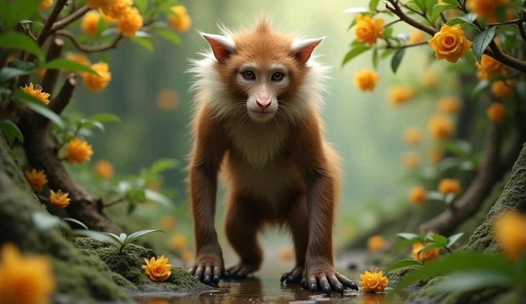 Front view,There is a wild beast in the osmanthus forest,Looks like a brown monkey but has white ears,Walk upright like a human(best quality,4K,8k,High level,masterpiece:1.2),Ultra Detailed,(lifelike,Photo real,Photo real:1.37)
