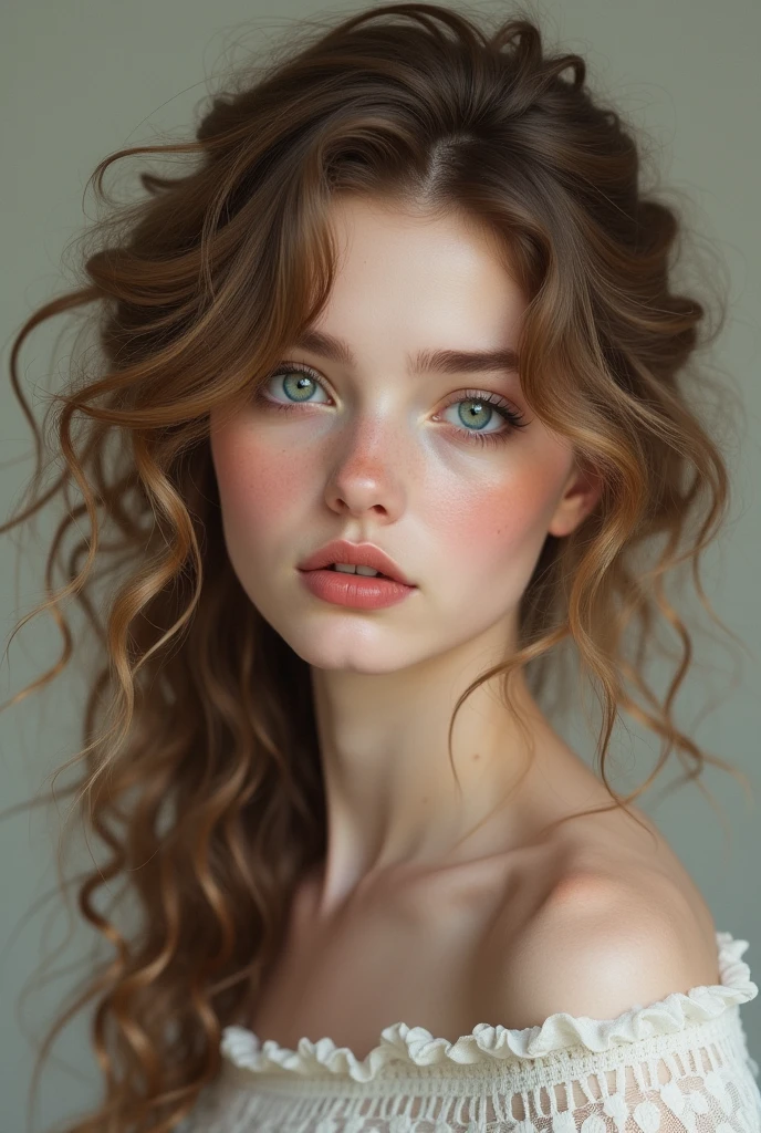 A woman with blue and somewhat green eyes, white and reddish skin, round face and small nose, curly and light brown hair, with a height of 1.51 and a weight of 70 kilos. It must be thick