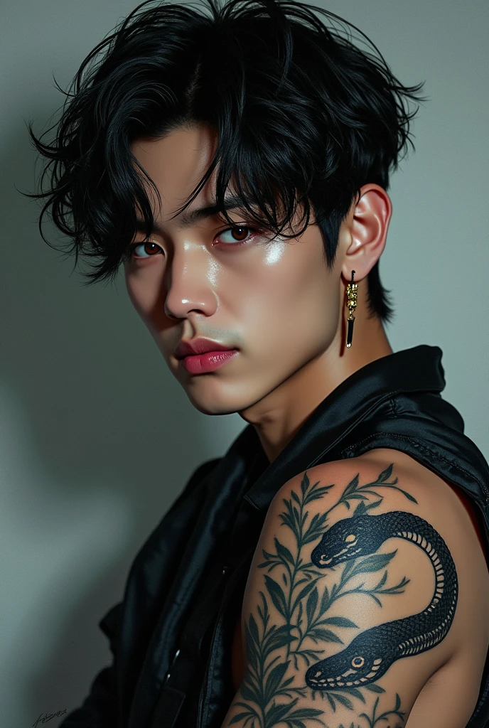 Taehyung with a snake tattoo, hazel eyes 