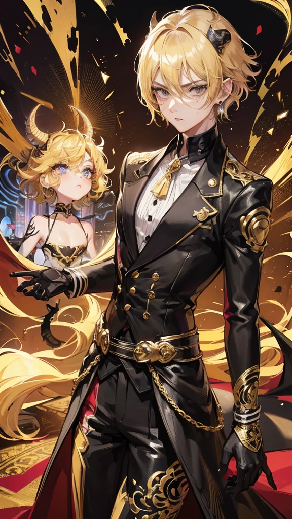 1 boy, anime, high quality, intricate details, futuristic, androgynous, casino setting, elegant, suit, messy hair, blonde hair, effeminate, gloves, stern expression, waistbelt, brooch, golden eyes, freckles, demon horns, messy hair, small braid, earrings, tattoos, short hair, black eyes
