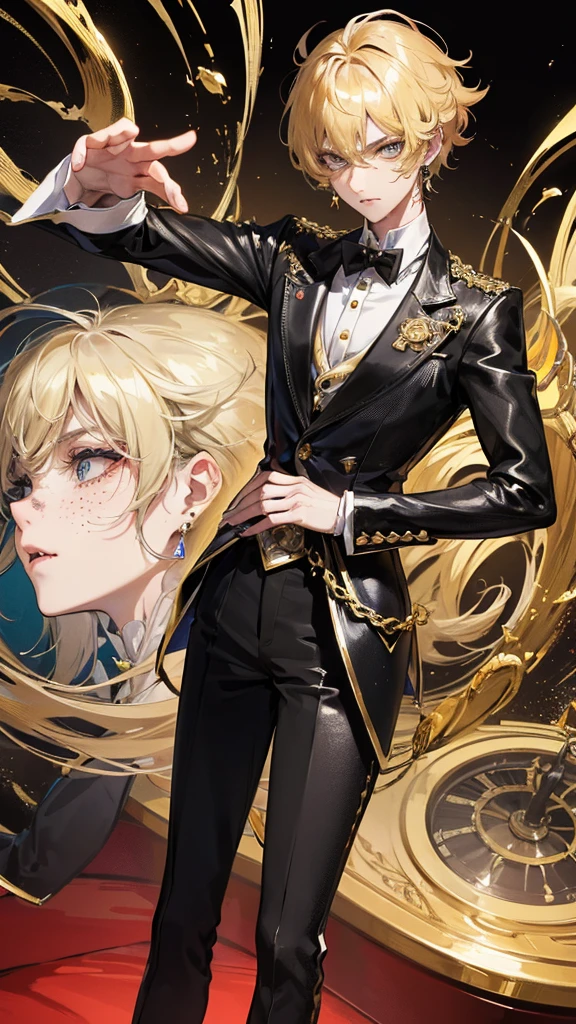1 boy, anime, high quality, intricate details, futuristic, androgynous, casino setting, elegant, suit, messy hair, blonde hair, effeminate, gloves, stern expression, waistbelt, brooch, golden eyes, freckles, demon horns, messy hair, earrings, tattoos, short hair, black eyes, pout, short hair,