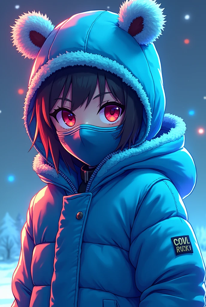  teenager wearing a coat with a cap that has furry ears and a mask similar to Sub-Zero&#39;s. In neon blue color palette with light blue in anime style for YouTube channel logo only from the waist up