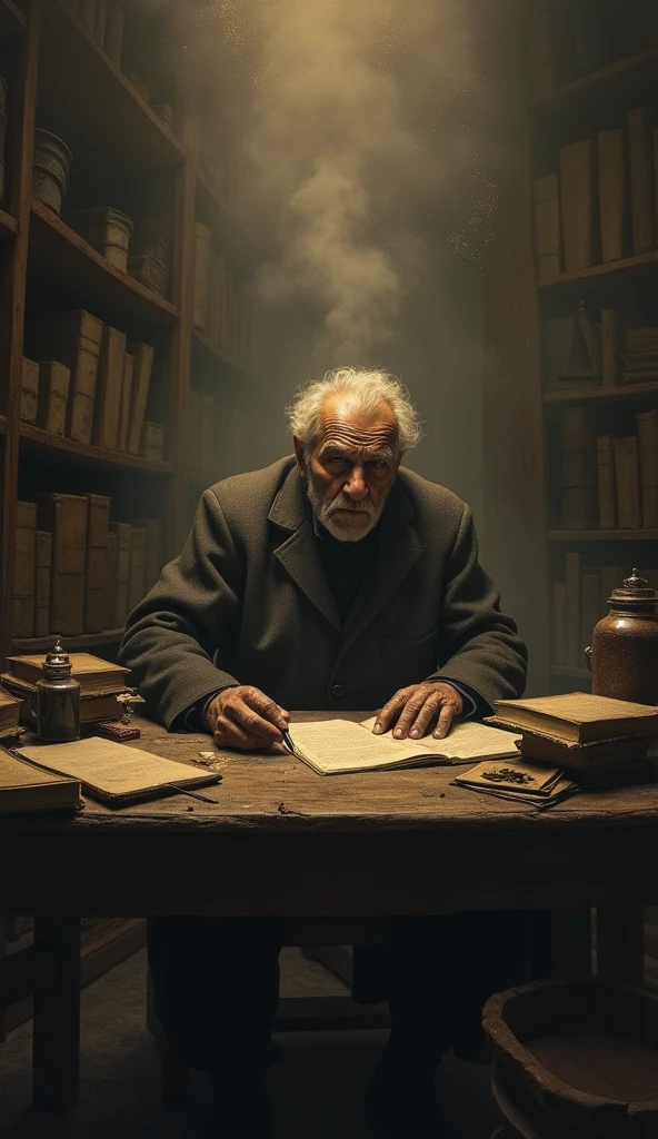 An old man sits at a dusty desk in a dimly lit room