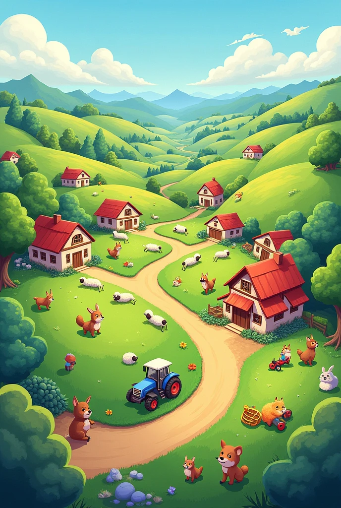cartoon image of a field with many characteristics of a rural area