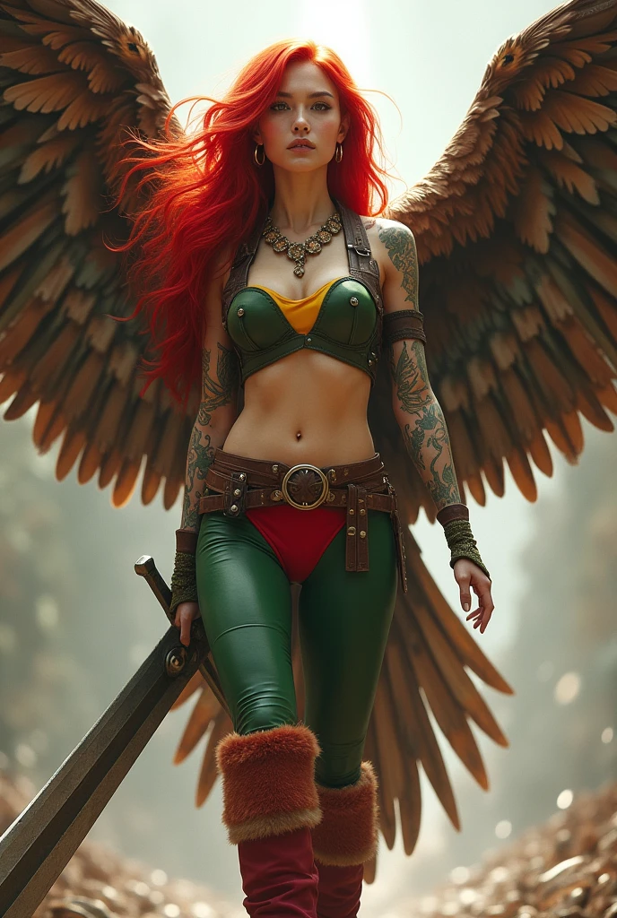 A beautiful red-haired woman wearing a green leather top with yellow in the middle and cali green leggings with red shorts over the leggings, red sheepskin boots, a giant wide-brimmed sword, huge brown falcon wings that cover her entire body, a brown harness on her chest, tattoos on one of her arms