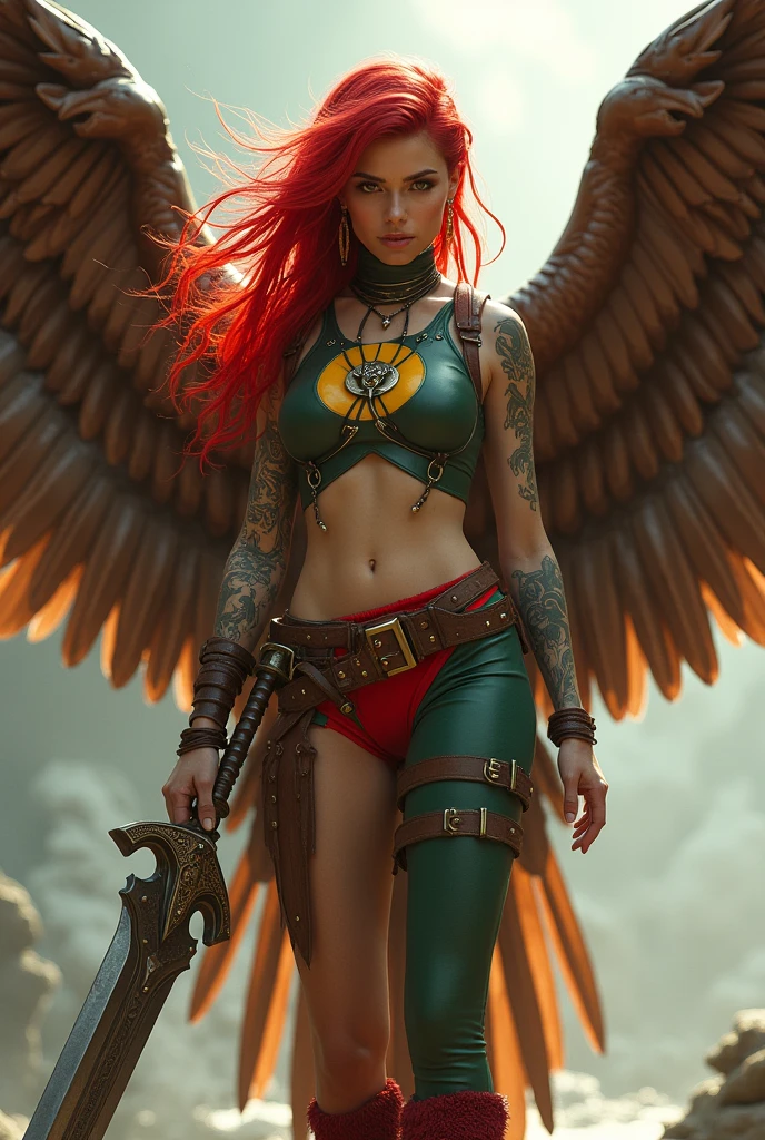 A beautiful red-haired woman wearing a green leather top with yellow in the middle and cali green leggings with red shorts over the leggings, red sheepskin boots, a giant wide-brimmed sword, huge brown falcon wings that cover her entire body, a brown harness on her chest, tattoos on one of her arms