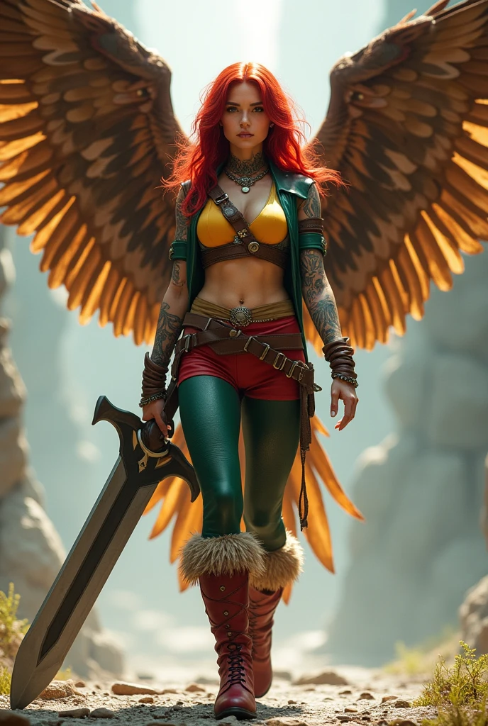 A beautiful red-haired woman wearing a green leather top with yellow in the middle and cali green leggings with red shorts over the leggings, red sheepskin boots, a giant wide-brimmed sword, huge brown falcon wings that cover her entire body, a brown harness on her chest, tattoos on one of her arms 