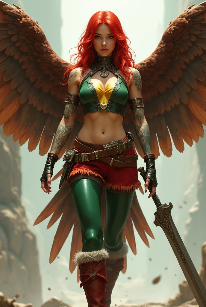 A beautiful red-haired woman wearing a green leather top with yellow in the middle and cali green leggings with red shorts over the leggings, red sheepskin boots, a giant wide-brimmed sword, huge brown falcon wings that cover her entire body, a brown harness on her chest, tattoos on one of her arms