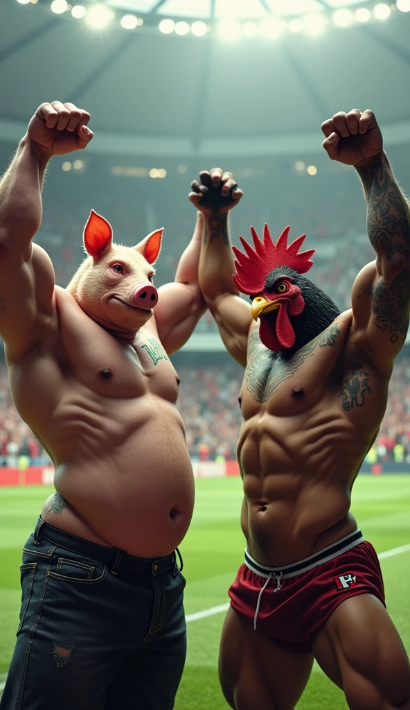 A muscular pig, puffed out and shirtless, green tattoo, crossing his arms above his head pointing the middle finger of both hands, inside a soccer stadium, next to a muscular rooster bird, puffed out and shirtless, black tattoo, crossing his arms above his head pointing the middle finger of both hands
