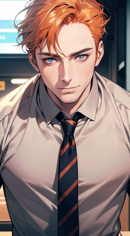 (best quality,4k,8k,highres,masterpiece:1.2),ultra-detailed,(realistic,photorealistic,photo-realistic:1.37),1 man,3,mature man,very handsome,without expression,smile,short orange hair,blue eyes,penetrating gaze,perfect face without errors,imposing posture,businessman,office background,cinematic lighting,hdr image