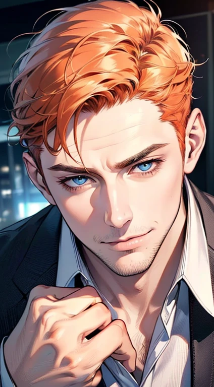 (best quality,4k,8k,highres,masterpiece:1.2),ultra-detailed,(realistic,photorealistic,photo-realistic:1.37),1 man,3,mature man,very handsome,without expression,smile,short orange hair,blue eyes,penetrating gaze,perfect face without errors,imposing posture,businessman,office background,cinematic lighting,hdr image