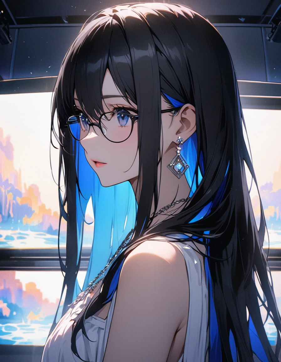 8k wallpaper, masterpiece, Cinema Lighting, Highest quality, shape, Elevation, ((color: 1.1)), ((color inner hair: 1.4)), 1 girl, One, Long Hair, water, watercolorの目, Black glasses, necklace, Lips parted, white necklace, Thin Hair, Black Hair, Van, from ~ ~ side, ~ ~ side, Upper Body, Simple Background, 灰colorの背景, Exposing shoulders, Portraiture, I look at the audience, White Dress, Hair between the eyes, 白colorの背景, Earrings.
