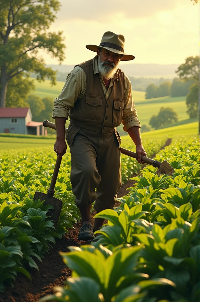 Farmer's hard work in the fields, lush green fields, and a farmer working in the fields.