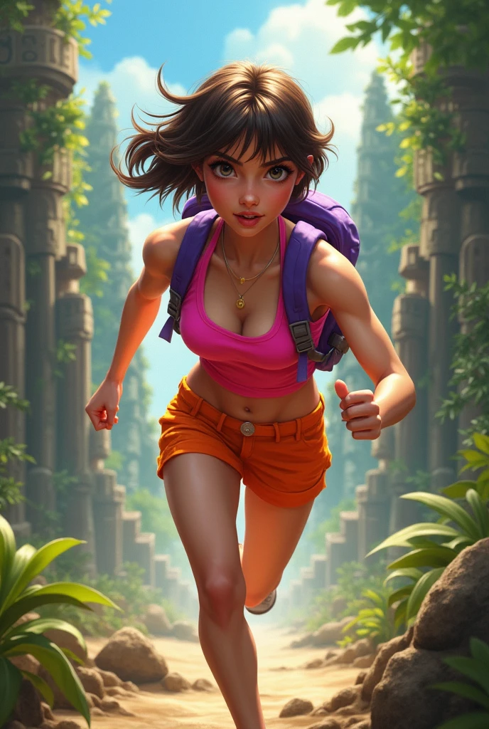 beautiful woman, running, wearing pink top, orange short, purple backpack, short bang brown hair, temple run game in background, temple run game demon, realistic, intricate details