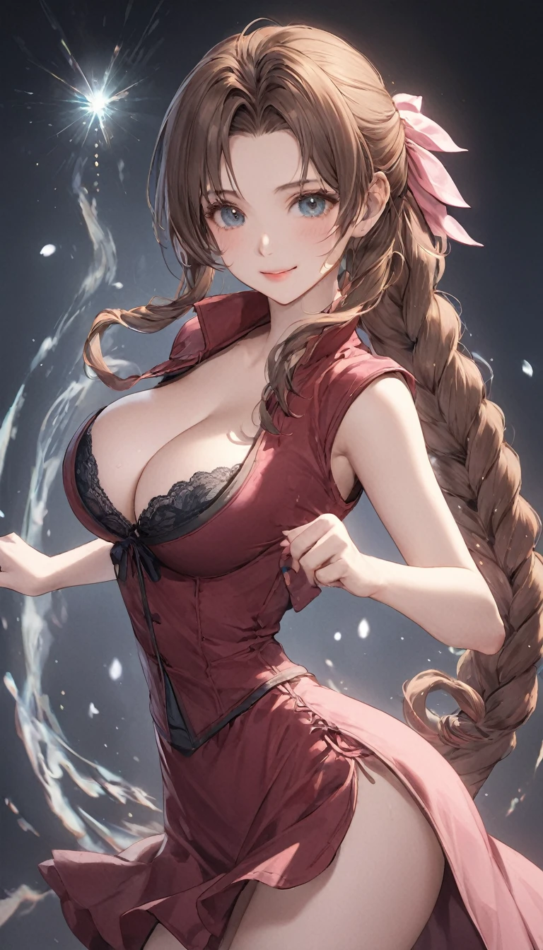 (((masterpiece))),((Highest quality)),Beautiful girl, Aerith, Sexy witch, bangs、(Long Hair, Braided ponytail:1.5)、(((huge firm bouncing bust, Deep cleavage)))、2、Translucent white skin, Sparkling sweat, (Underwear with detailed garments:1.5)、Japanese girl、 Beautiful digital artwork, Beautiful fantasy art, dynamic sely poses, A kind smile, Mysterious Background, Aura, A gentle gaze, BREAK,night