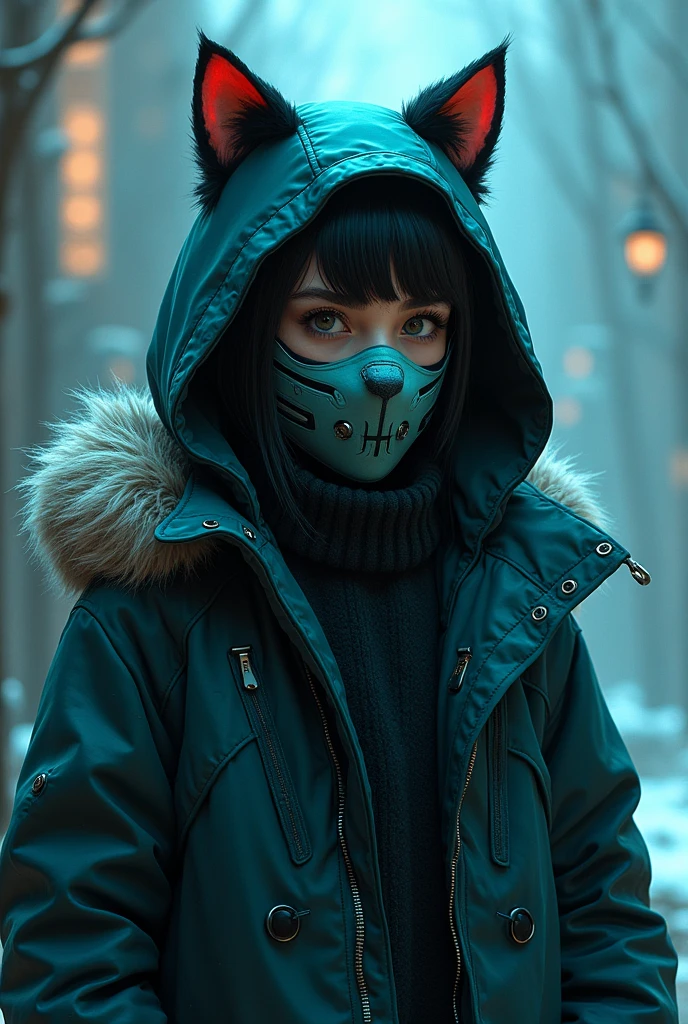 , adolescent, age 25, offwhite, clear eyes, wearing a coat with cat ears on the cap and wearing a mask similar to Sub-Zero&#39;s.  Paleta de cores: primary colours: blackw +  electric blue and neon green to highlight mystery and energy. Secondary colors: Cinza metálico e offwhite para contrastar e realçar detalhes.