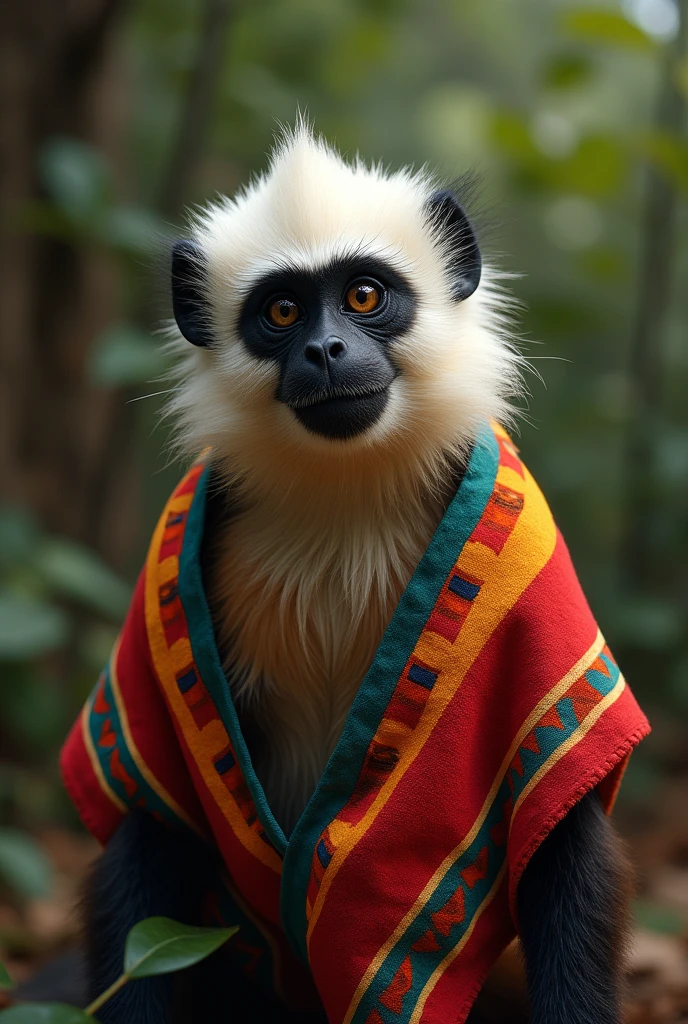 Create a white-headed titi monkey with a Colombian poncho but without sleeves and that is not so visible and that instead of the monkey being only black, the monkey is also brown but not the poncho, the poncho that has Colombian colors


