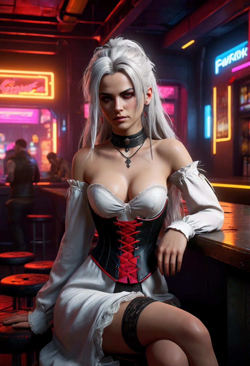 ((Masterpiece, Best Quality, Highest Image Quality, High Resolution, Photorealism, RAW Photos, 8k)), Upper body, A female game character, 3d Graphics, messy hair, long hair, white hair, red silk dress, nightgown, black corset, long sleeves, grunge fashion, gothic choker, elbow gloves, panties, sit with legs spread, in the bar, cyberpunk 2077 background, neon lights, unreal engine
