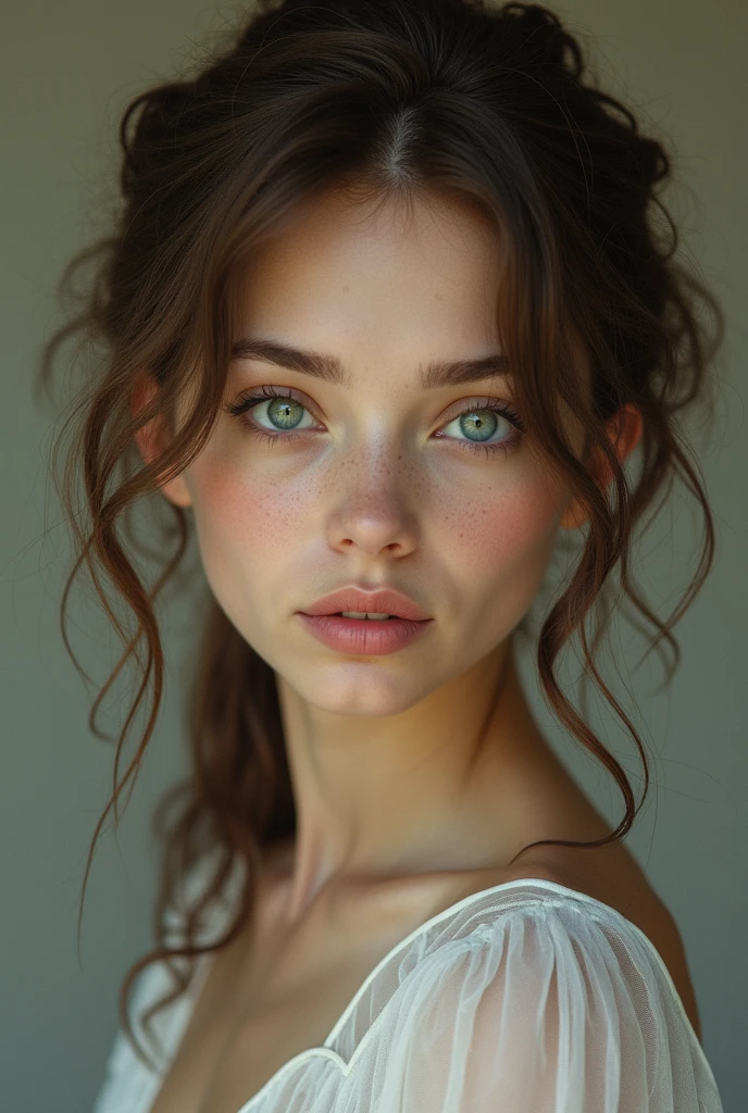 A woman with blue and somewhat green eyes, white and reddish skin, round face and small nose, curly and light brown hair, with a height of 1.51 and a weight of 70 kilos. That is not thin