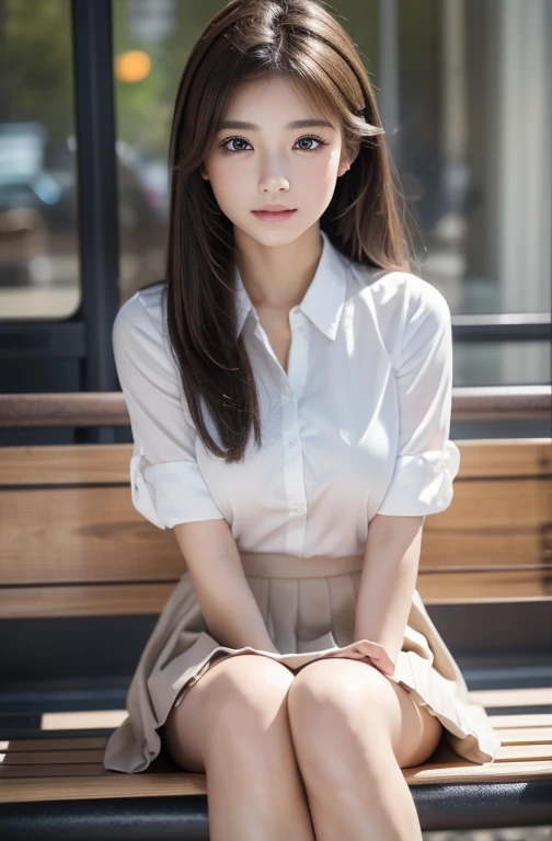 (Realistic, Realistic: 1.37), (masterpiece), (Highest quality: 1.4), (Ultra-high resolution: 1.2), (RAW Photos: 1.2), (Sharp focus: 1.3), (Face focus: 1.2), elegant, (whole body: 1.2), Highest quality, masterpiece, (realism: 1.2), girl, Brown Hair, Brown eyes, front, Detailed face, Beautiful Eyes, Pleated mini skirt , Sit at the bus stop (1.5), A poignant smile, Lots of eyelashes, High heels, Very clean Information



