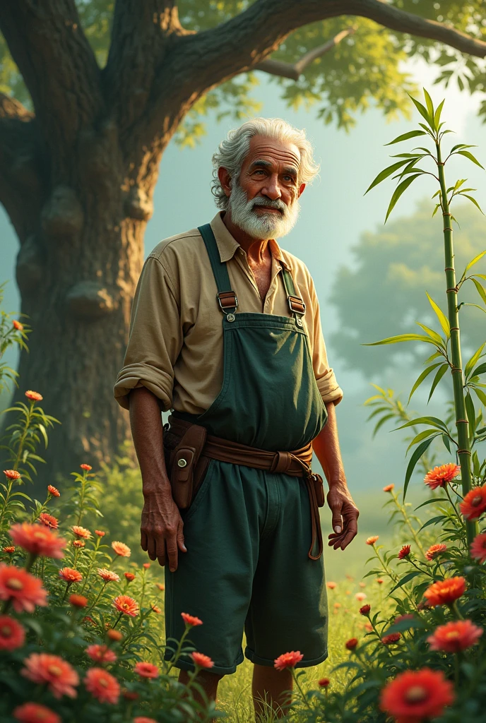 An old gardener named Hari stands proudly in a lush garden filled with vibrant flowers and towering trees, with a majestic oak tree and a slender bamboo shoot side by side