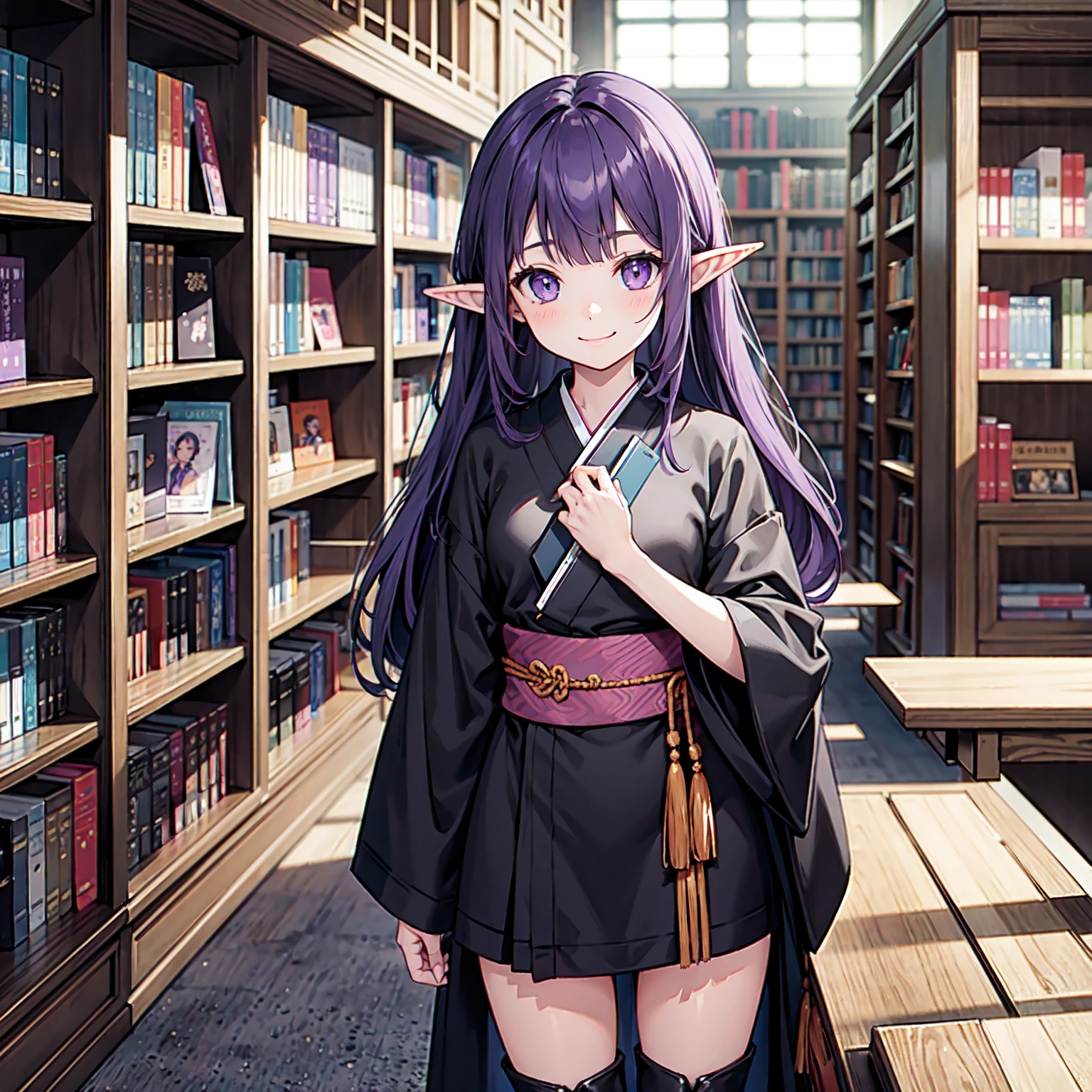 A girl takes a book from a bookshelf. She fishes through the bookshelf. Which book shall I choose? A happy smile. Her eyes are on the book. Nostalgic. Purple hair. A girl with long purple hair. Pointy elf ears. Her clothes are simple: a black robe with wide sleeves and a black miniskirt. Knees showing. V-shaped white inserts on the front like a kimono. Black boots. Standing posture. Background: library, no other people. Unoccupied, dilapidated library. Lots of bookshelves.