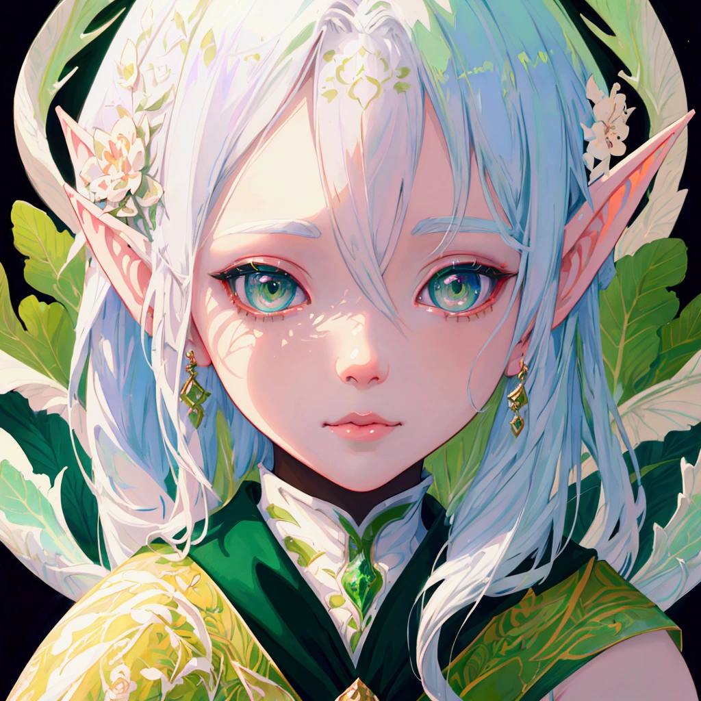 painting of a young girl with white hair and a green dress, a beautiful artwork illustration, cute detailed digital art, the dragon girl portrait, exquisite digital illustration, portrait of very beautiful elf, stunning digital illustration, painting by android jones, adorable digital painting, loish |, beautiful character painting, detailed fantasy digital art, elf girl, digital fantasy illustration