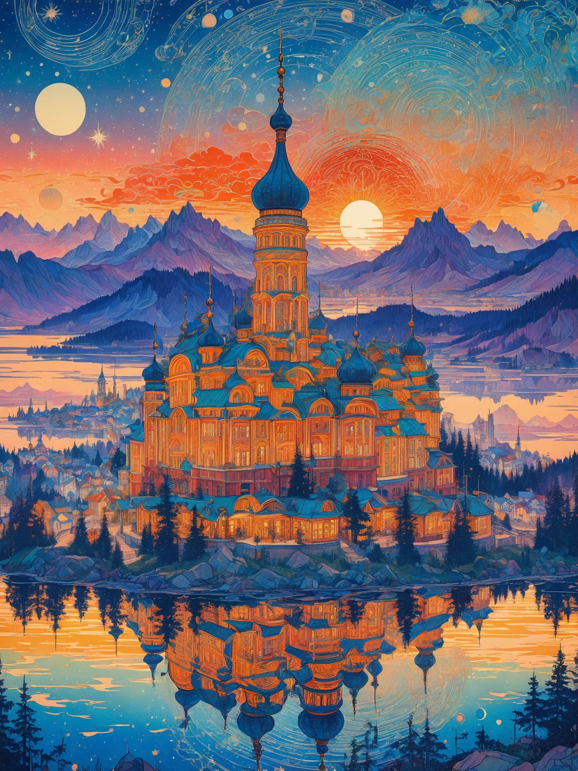 Close-up of a poster,The background is a building, A starlit city at sunset, Ivan Bilibin (Ivan Bilibin) of inspiration, Grainy Risograph Matte, Sacred City | illustration, inspired author:Igor Grabar, slav epic, Magical Soviet town, author:Igor Grabar, 受到瓦西里·马克西莫夫of inspiration, Andrei Ryakin (Andrei Ryabushkin) of inspiration