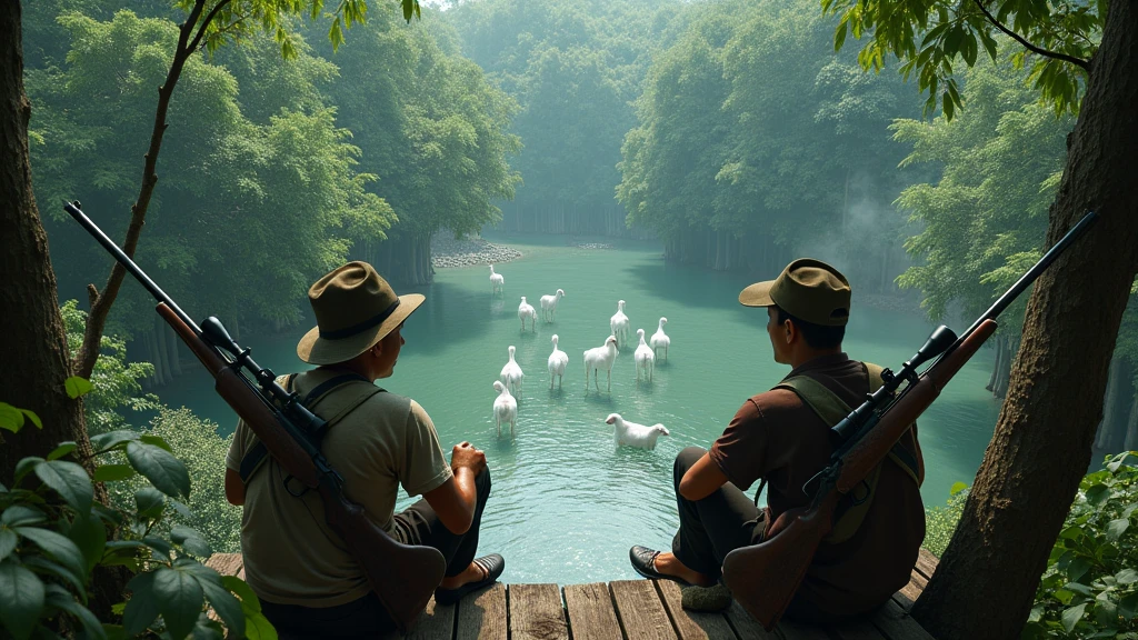 Two Indonesian hunters with guns sit on a wooden bed in a tree staring at a pool in the forest where wild animals and ghosts are drinking.View from above 8k