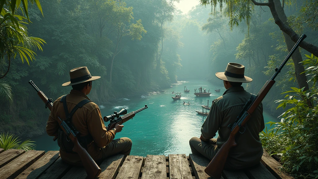 Two Indonesian hunters with guns sit on a wooden bed in a tree staring at a pool in the forest where wild animals and ghosts are drinking.View from above 8k