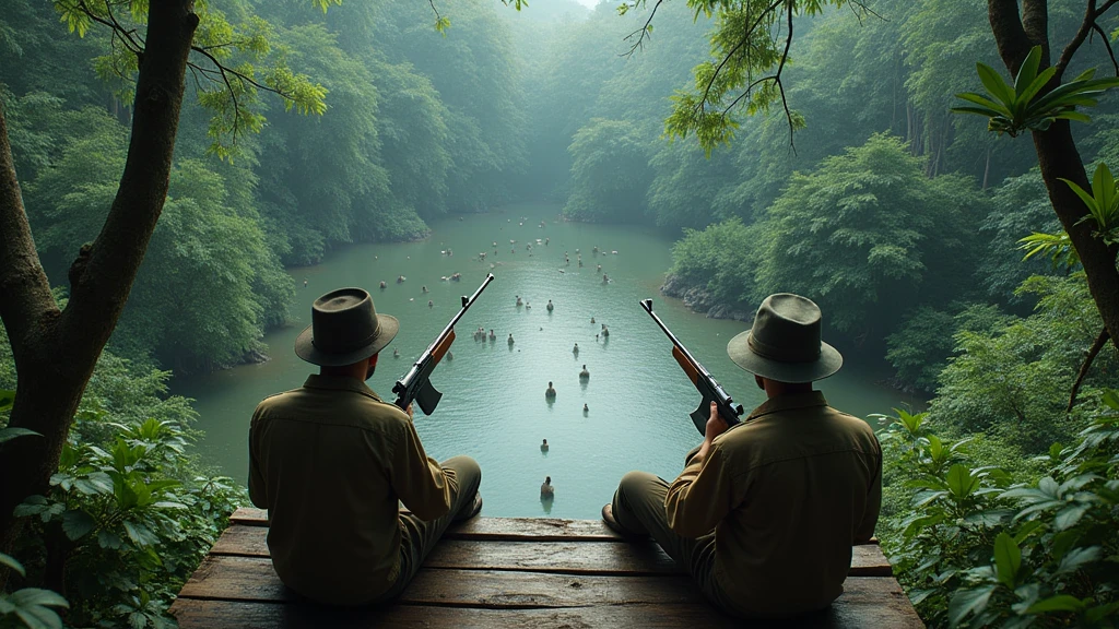 Two Indonesian hunters with guns sit on a wooden bed in a tree staring at a pool in the forest where wild animals and ghosts are drinking.View from above 8k