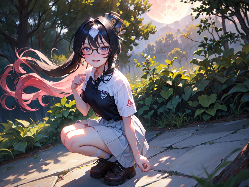 Masterpiece, high quality, 4K, HDR。cowboy shot、shoot from above。Moon and starry sky。Chest centered。Crouching、Place your hands on your chest and waist。Cool beautiful breasts mature woman、smile。Red glasses、Brown Eyes、Tree Eyes、Pink Lipstick。Pink Hair、ponytail。Shoulder less、Black polo shirt、mini skirt、mini skirtの下にスパッツを着用、sports boots。