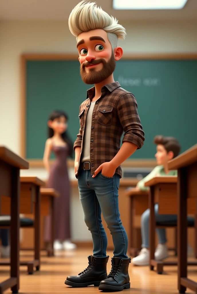Disney Pixar style cover of a handsome man, high, thin white tea, brown hair combed to the side, with beard, green eyes, with jeans, plaid shirt, black boots in a classroom, with a long fitted dress and white tennis shoes 