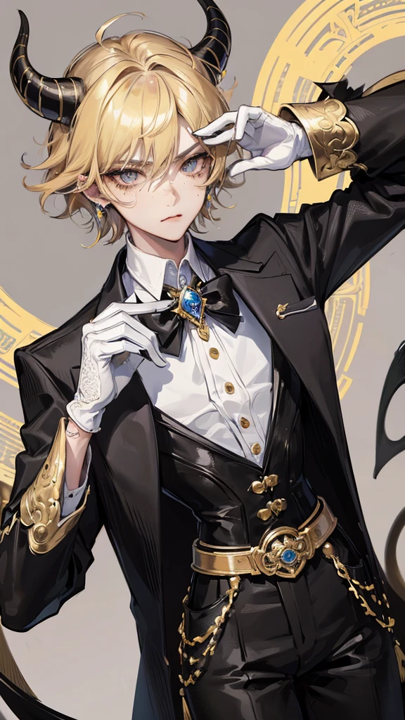 1 boy, anime, high quality, intricate details, futuristic, androgynous, casino setting, elegant, suit, messy hair, blonde hair, effeminate, gloves, stern expression, waistbelt, brooch, golden eyes, freckles, demon horns, messy hair, earrings, tattoos, short hair, black eyes, pout