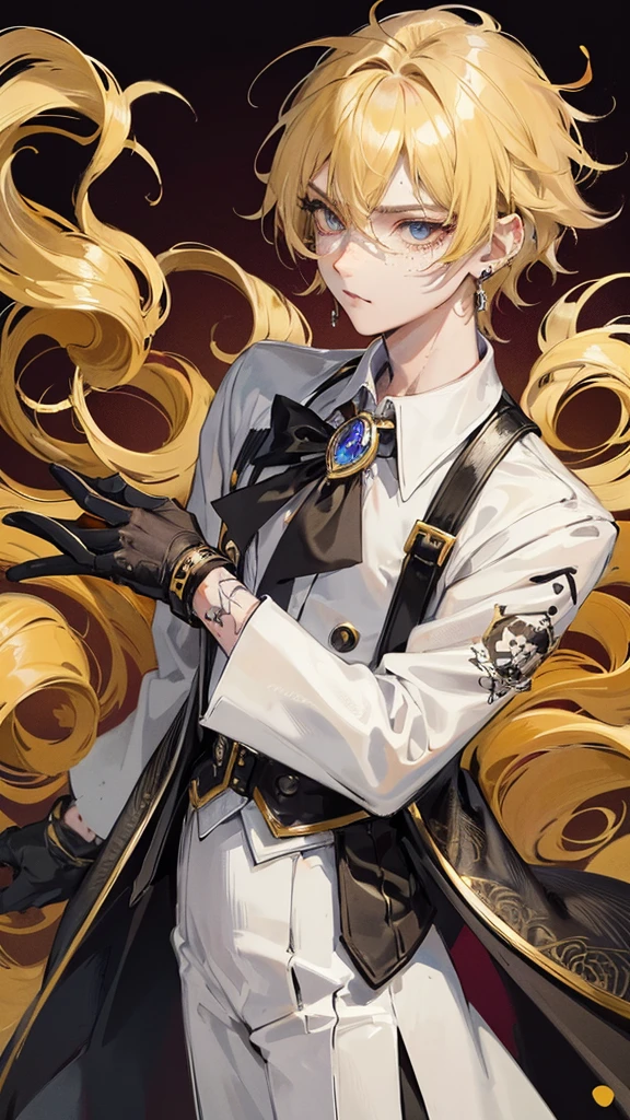 1 boy, anime, high quality, intricate details, futuristic, androgynous, casino setting, elegant, suit, messy hair, blonde hair, effeminate, gloves, stern expression, waistbelt, brooch, golden eyes, freckles, demon horns, messy hair, earrings, tattoos, short hair, black eyes, pout