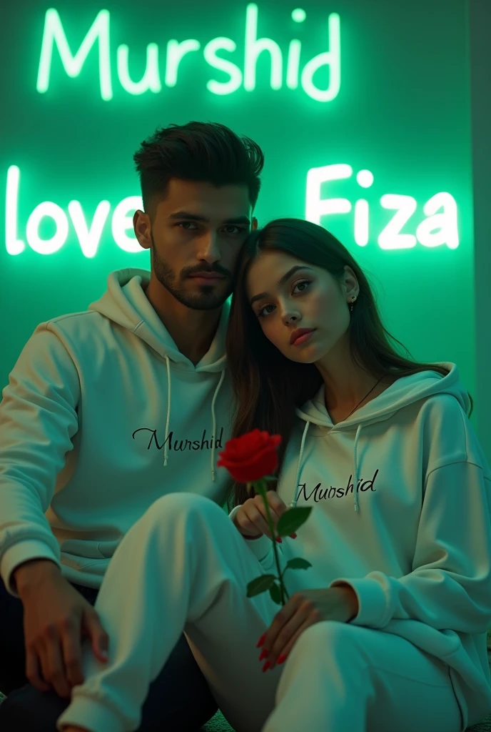 A 4k quality highly detailed Realistic portrait  Handsome 28 year guy  White Hoodie with 30 year beautiful women in a White Hoodie, the girl has a red rose flower in her hand and is sitting on down floor, with romantic mode, no smile, written "Murshid" in the boy hoodie and "Fiza" in girl's hoodie, and Murshid love Fiza is written on the green light glow wall with neon text text behind.  