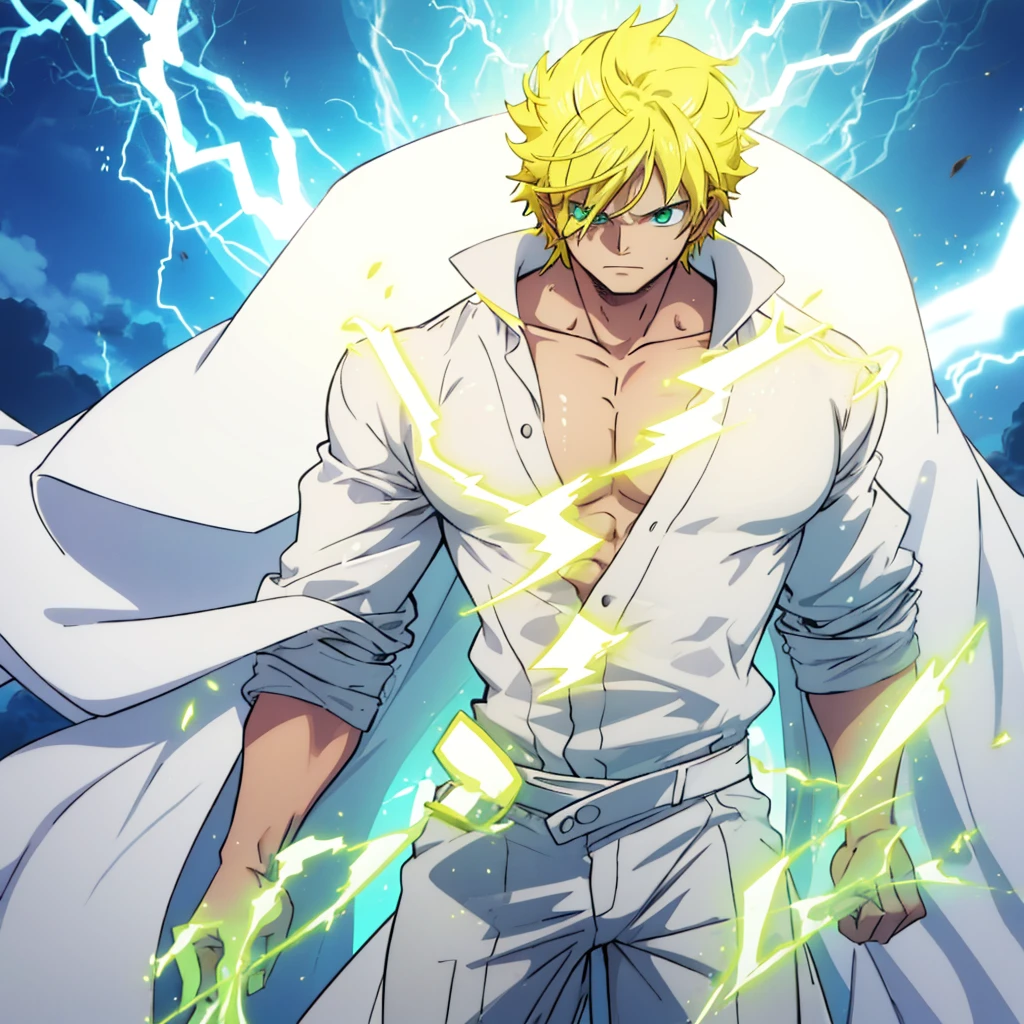 boy with muscles, has a white robe hanging on their back, green eyes, yellow hair, dark pants, and lightning aura.