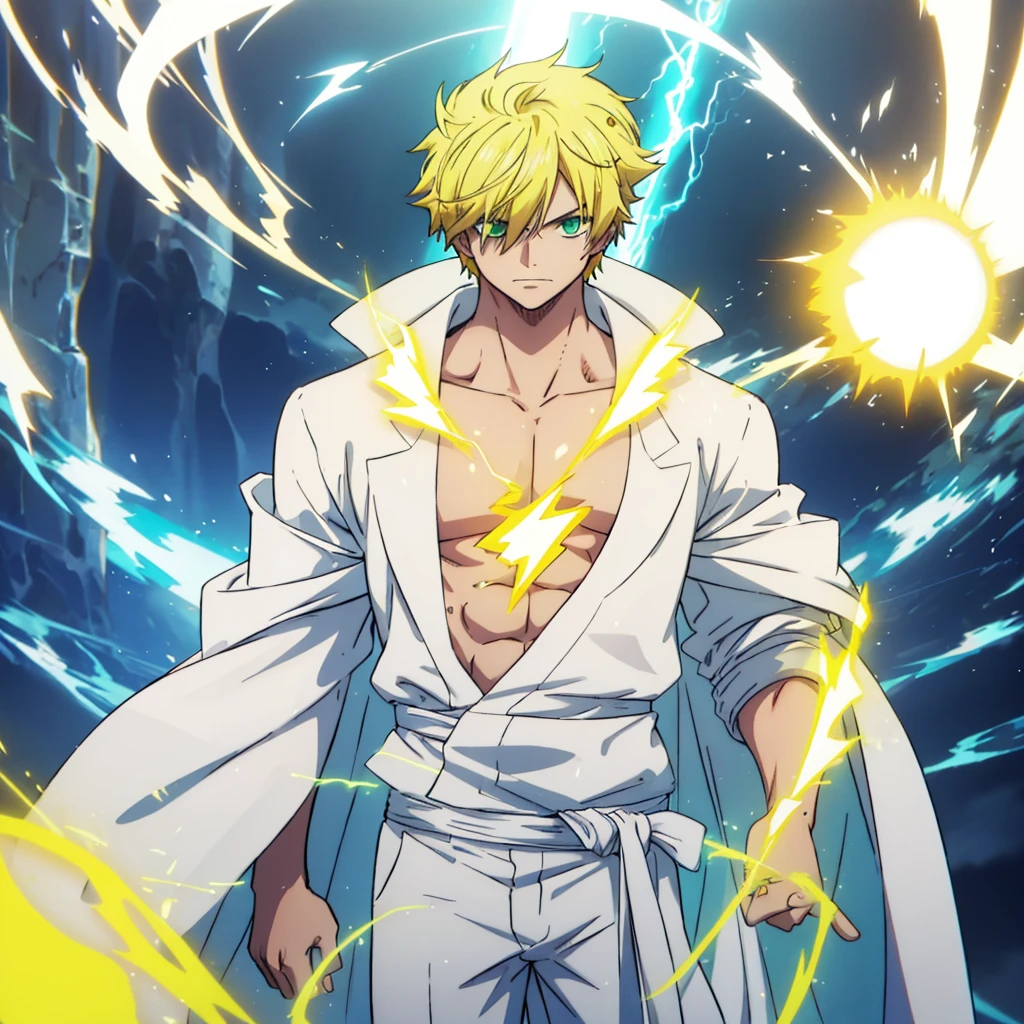 boy with muscles, has a white robe hanging on their back, green eyes, yellow hair, dark pants, and lightning aura.