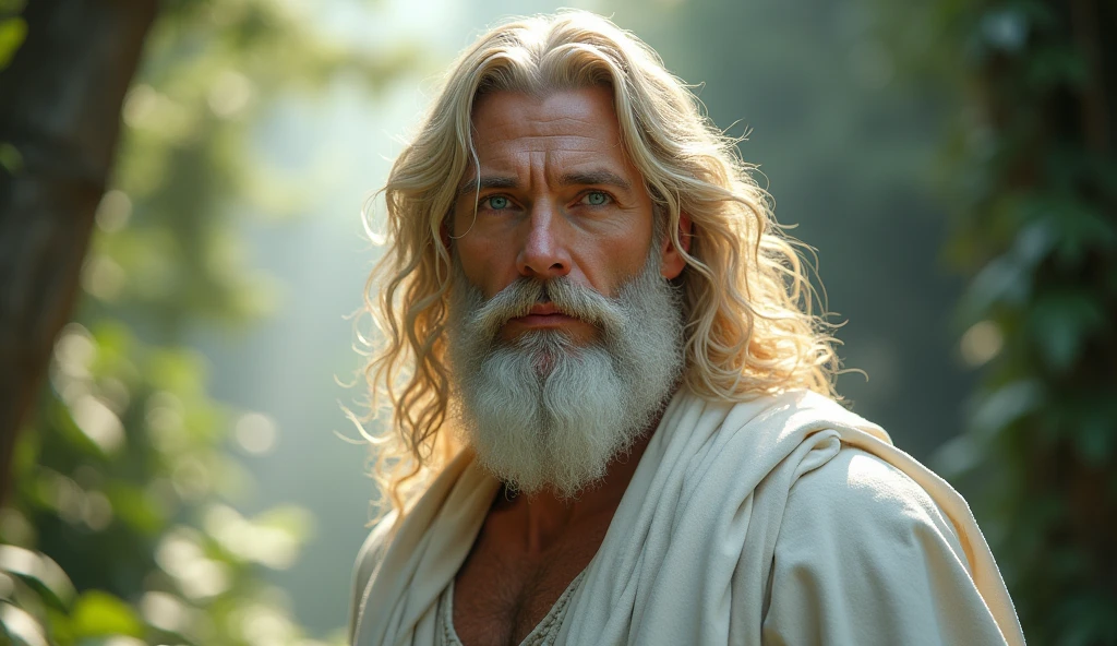 (master part, absurderes, highres, ultra detaild), 1 men, God Almighty, wavy blond hair, grown-up, blue colored eyes, white beard, male focus,Face pretty, white robe clothes, enchanting, Lovely, detailed eyes and face, 32K UHD, RAw style, in the garden of eden, gigantic man