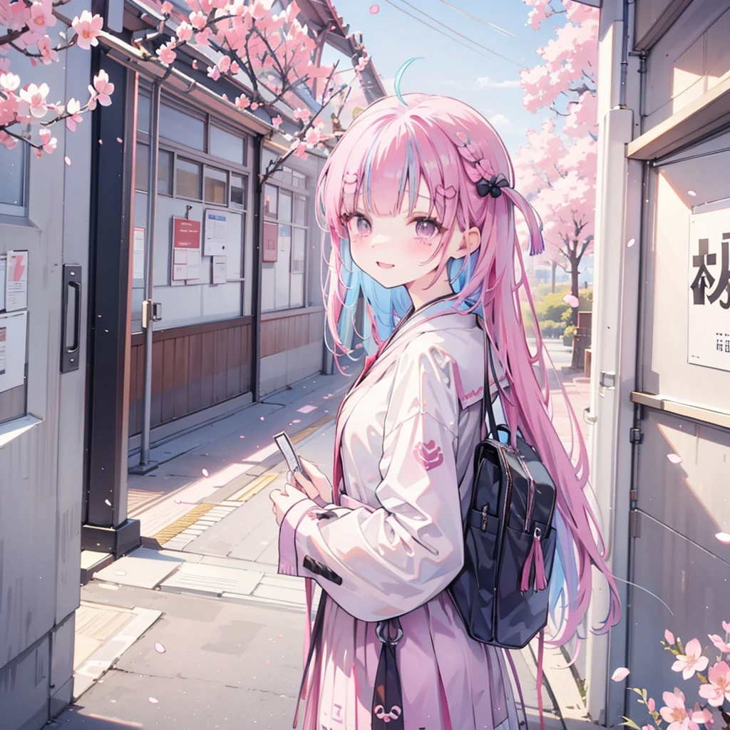 japanese school,commencement,Under the cherry blossom tree,Cherry blossoms fall,Graduation certificate in hand,Smile,Tears from the corners of the eyes,At the school gate,graduation ceremony sign