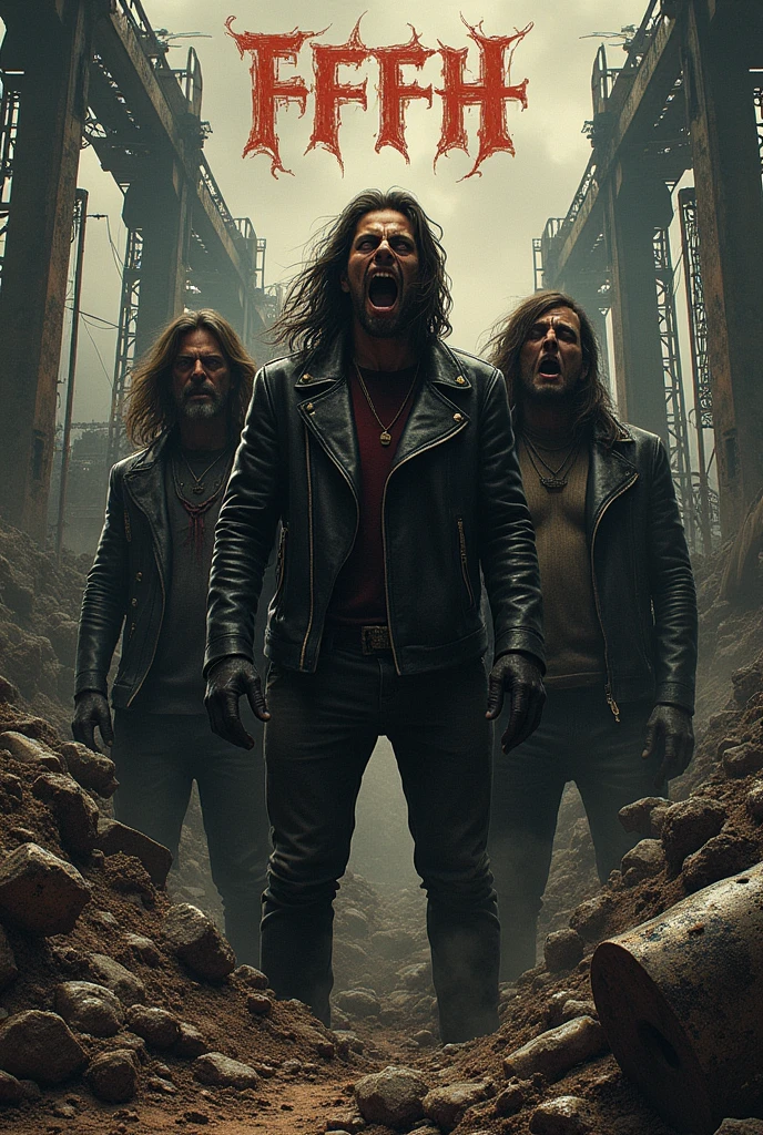 a closeup of QUARTER men in leather jackets, destruction, heavy metal band promotion, 4k destruction, devastation, destructive, total destruction, smoke and destruction, official art, destruction around you, desolation, demolition, heavy rock band promo photo, city destruction, thrash metal, distortion, massive destruction, destroyed, detonation, robot destruction, cosmic destruction